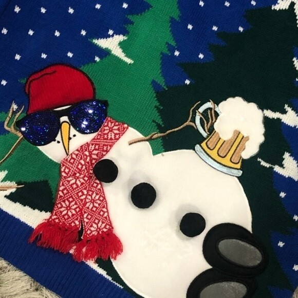 Jolly Sweaters Ugly Christmas Sweater Mens XL Holiday Snowman Beer Blue - Picture 3 of 8